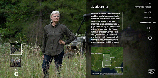 Summer 2021 impact dashboard feature on an Alabama landowner who has enrolled their land in the Natural Capital Exchange