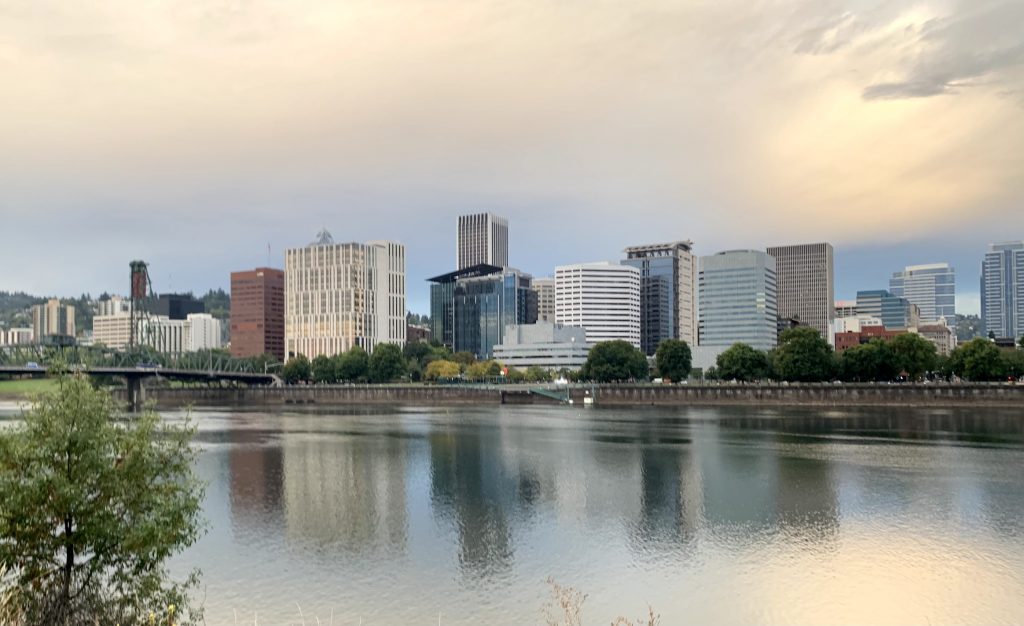 Buildings of downtown Portland, Oregon from the east bank of the Willamette River