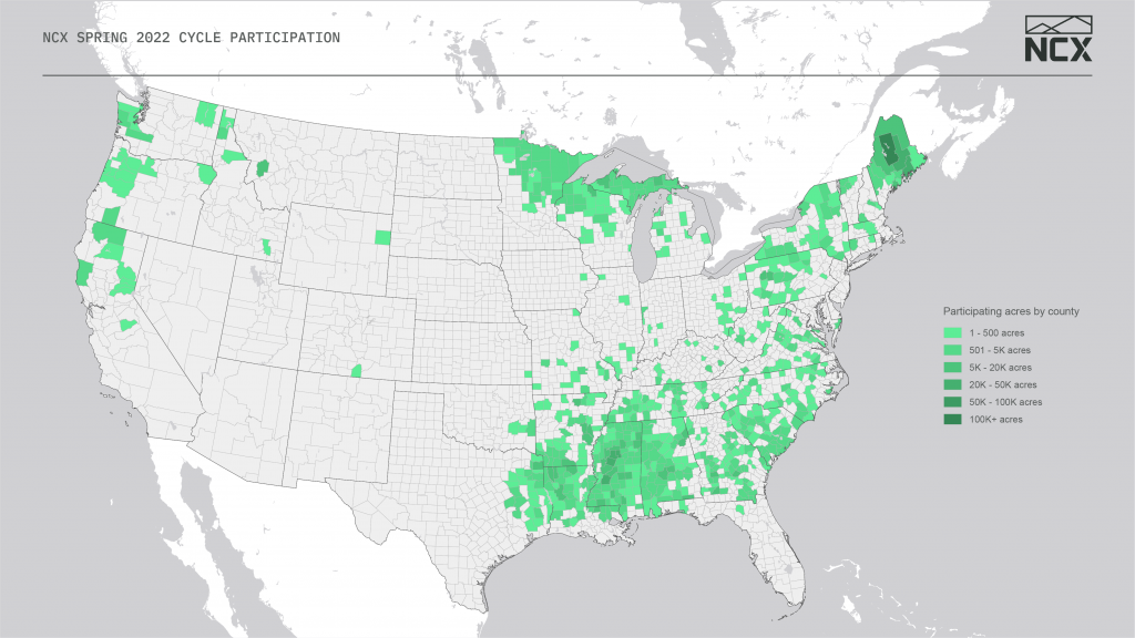A map of the contiguous United States showing landowner participation in the Spring 2022 NCX cycle.