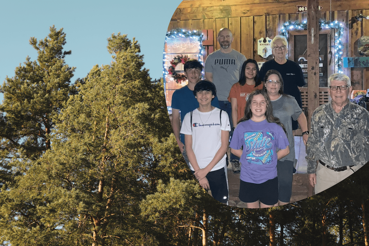 family picture overlay on loblolly pine trees